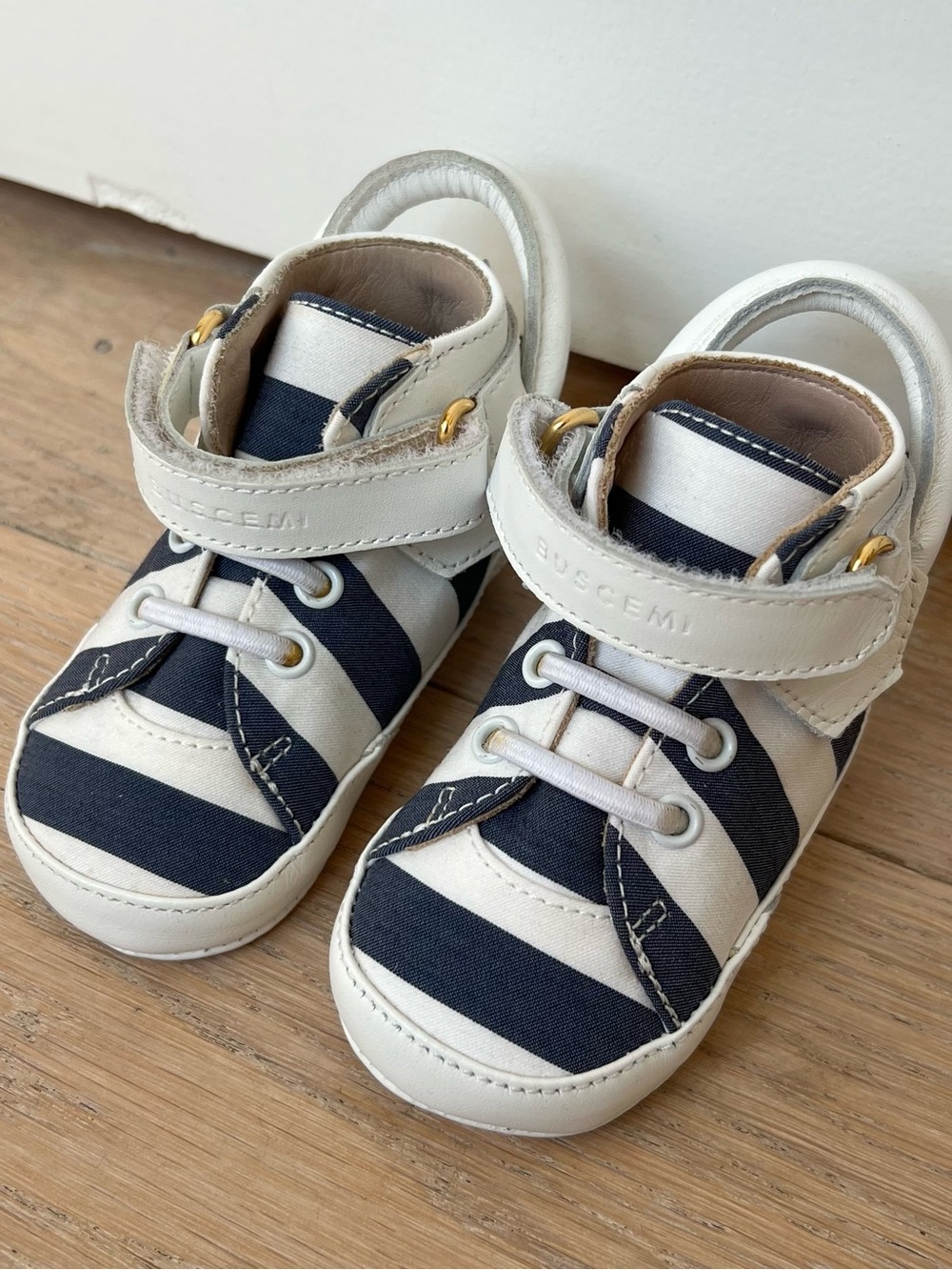 BUSCEMI 100mm Baby Shoes Stripe Blue Ink‎ White Navy Leather NEW IN BOX